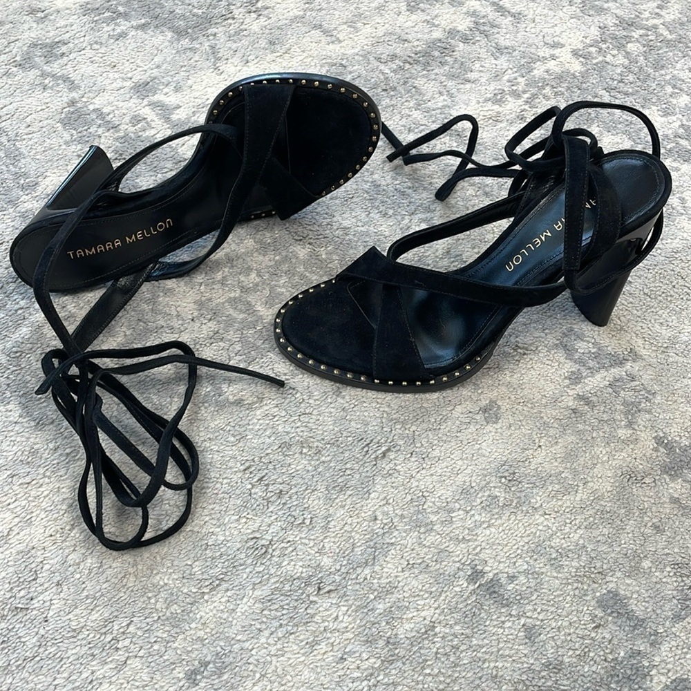 New Tamara Mellon Terra 100 Suede Studded Wrap Around Sandals Heels Black 38.5 - Picture 4 of 13